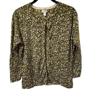 NEW Garnet Hill Signature Eco Merino Cardigan Sweater S Green Leopard